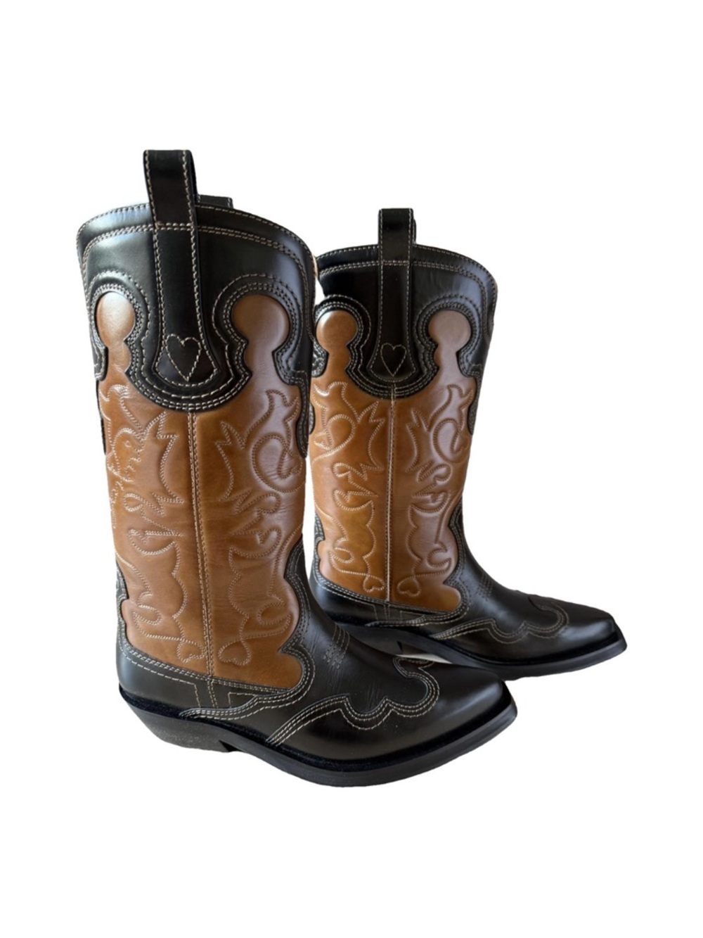 Ganni Mid Shaft Embroidered Two-Tone Western Boots - Brown & Black